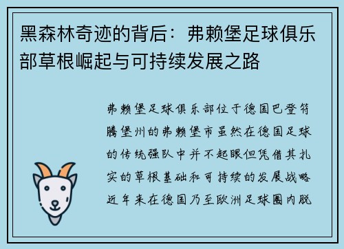 黑森林奇迹的背后：弗赖堡足球俱乐部草根崛起与可持续发展之路
