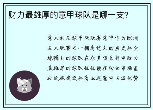 财力最雄厚的意甲球队是哪一支？